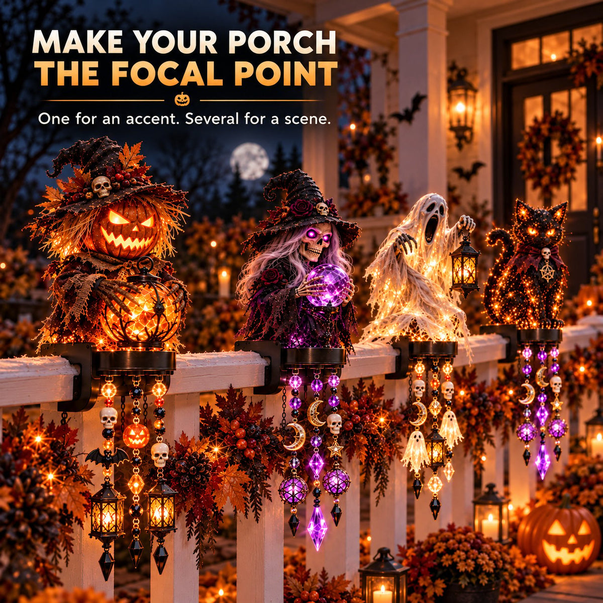 ๐ก๐ฅHOT SALE๐ฅ๐ Halloween Character Glow Cascade Railing Lights โ Pumpkin, Witch, Ghost & Black Cat