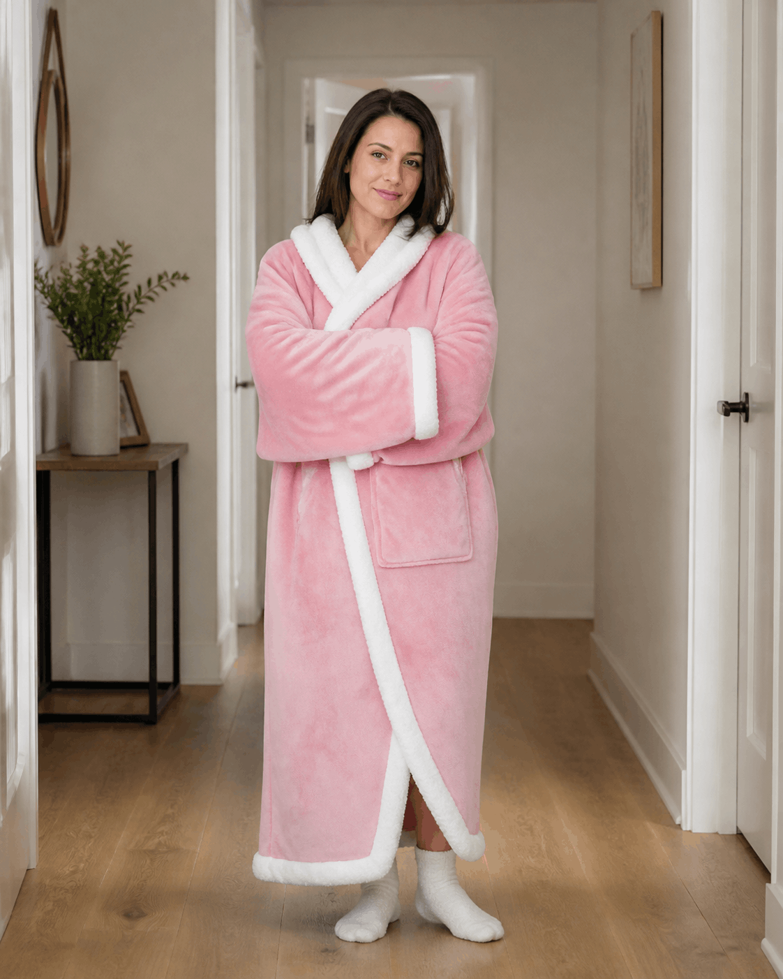 Woman relaxing at home wrapped in her Marssirace heated blanket, hands in the heated pockets