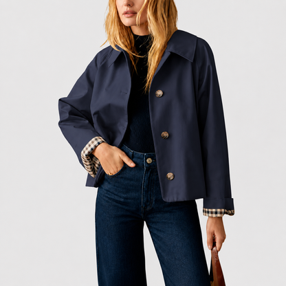 Women's Cropped Trench Coat Oversized Checkered Lining