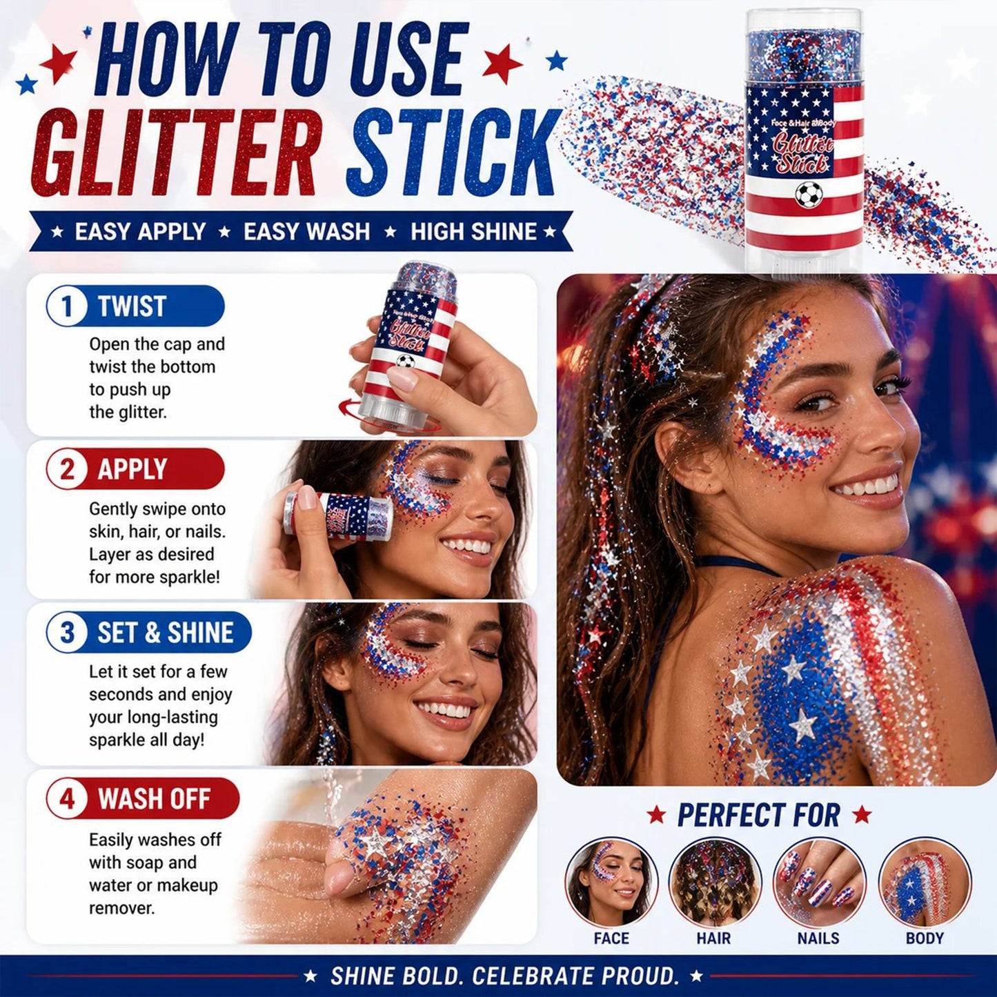 🦅4th of July Glitter Stick✨🔔Red, White & Blue Body & Hair Sparkle