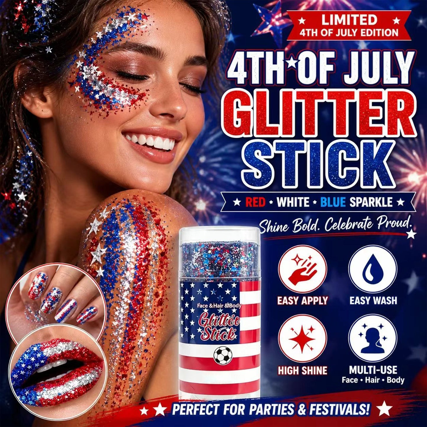 🦅4th of July Glitter Stick✨🔔Red, White & Blue Body & Hair Sparkle