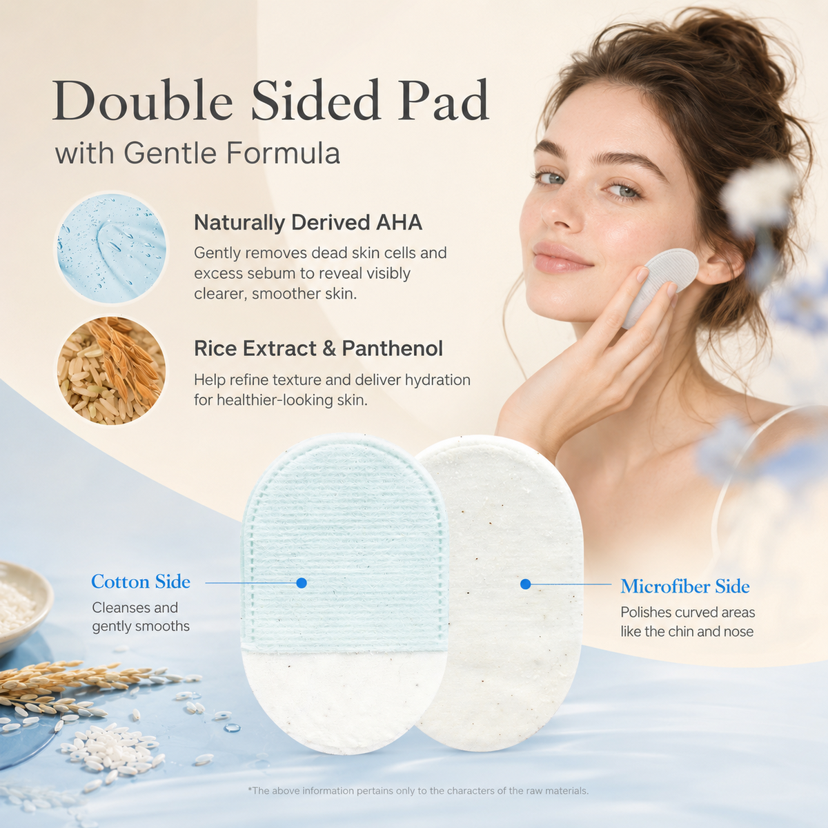 Double sided exfoliating pad with gentle formula