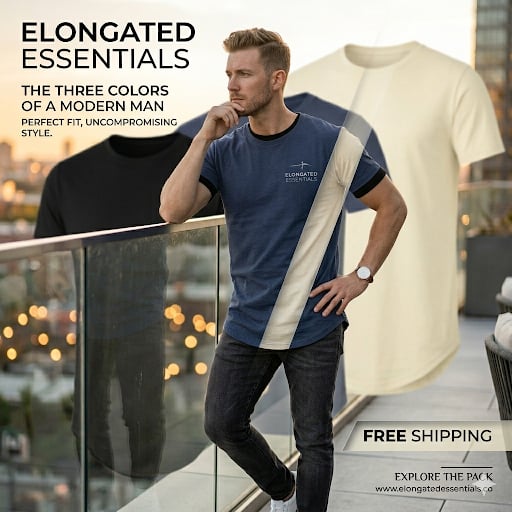 ✨Mens 3 Pack Hipster Hip Hop Longline Crewneck T-Shirt, Menswear Casual T-shirt Tops