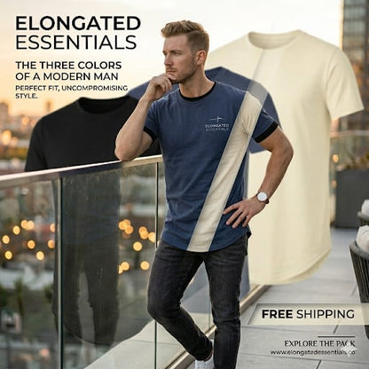 ✨Mens 3 Pack Hipster Hip Hop Longline Crewneck T-Shirt, Menswear Casual T-shirt Tops