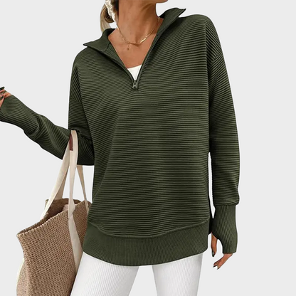 Ribbed Quarter-Zip Thumbhole Knit Pullover