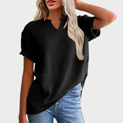 Women's Casual V Neck Waffle Knit Tops Short Sleeve T Shirts