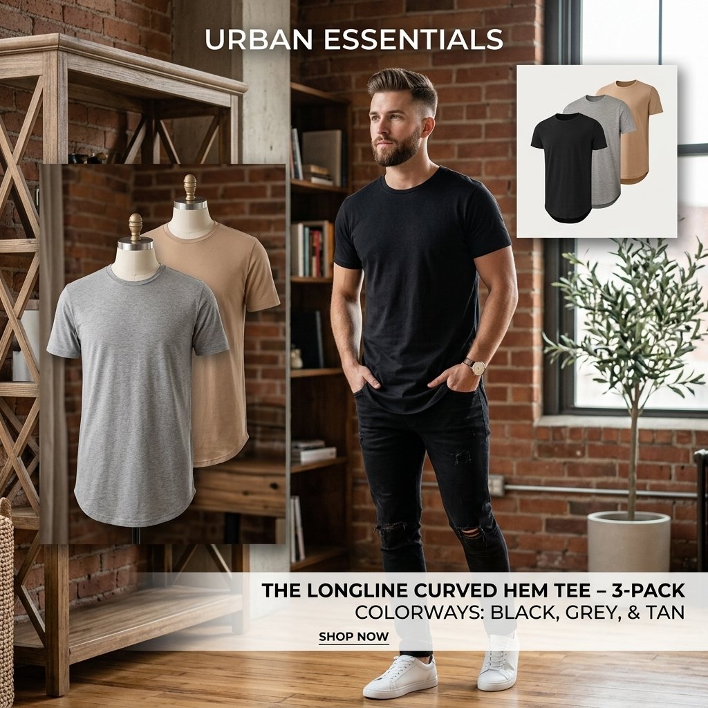 ✨Mens 3 Pack Hipster Hip Hop Longline Crewneck T-Shirt, Menswear Casual T-shirt Tops