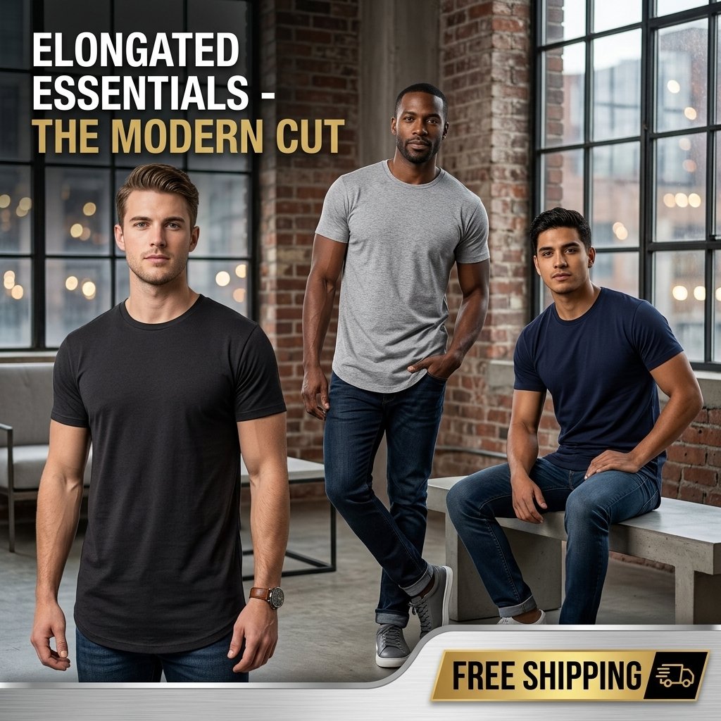 ✨Mens 3 Pack Hipster Hip Hop Longline Crewneck T-Shirt, Menswear Casual T-shirt Tops