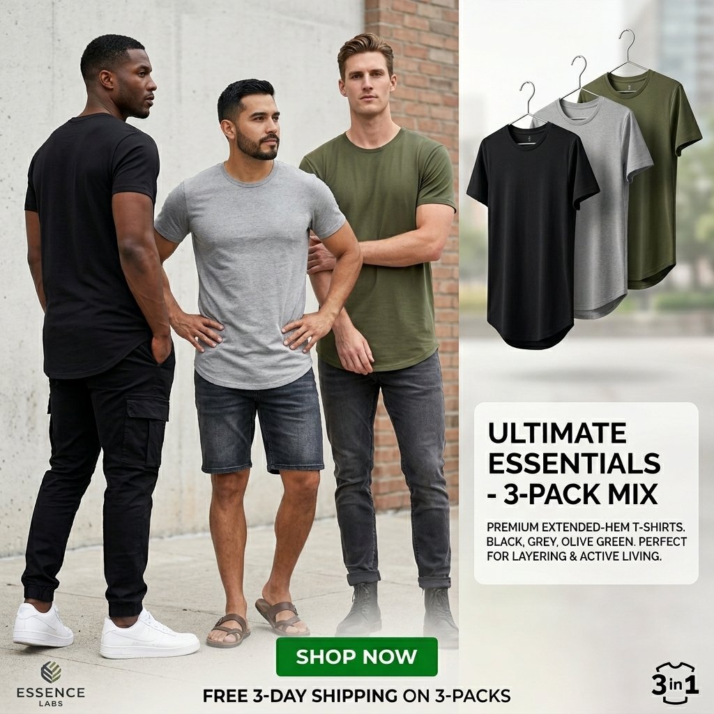 ✨Mens 3 Pack Hipster Hip Hop Longline Crewneck T-Shirt, Menswear Casual T-shirt Tops