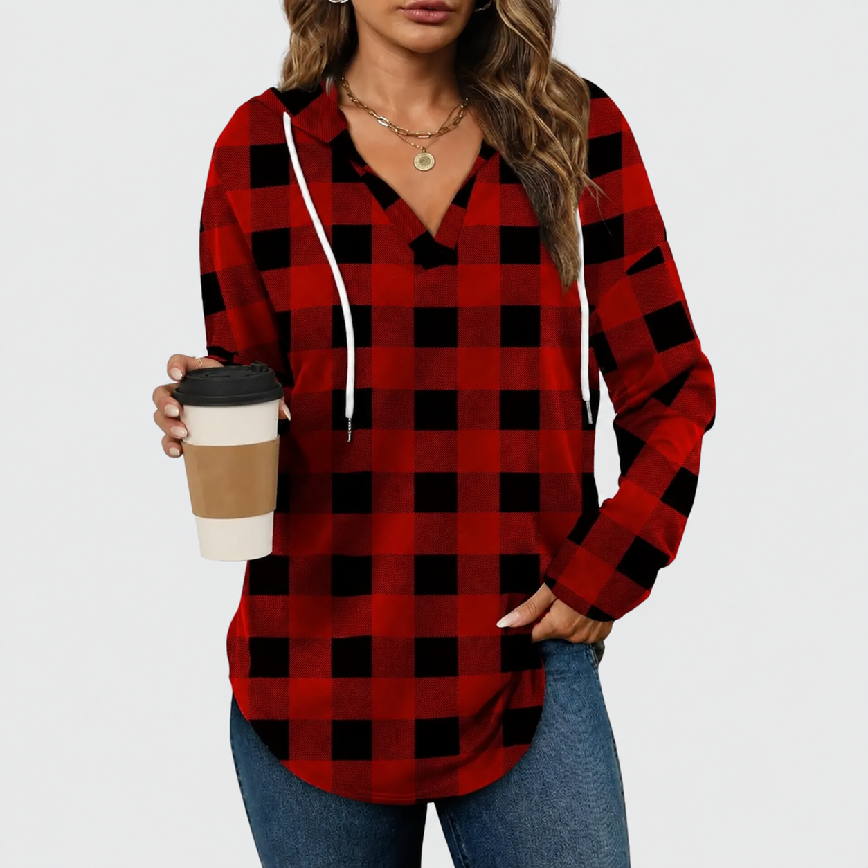 Relaxed V-Neck High-Low Tunic Hoodie