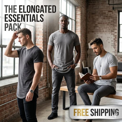✨Mens 3 Pack Hipster Hip Hop Longline Crewneck T-Shirt, Menswear Casual T-shirt Tops