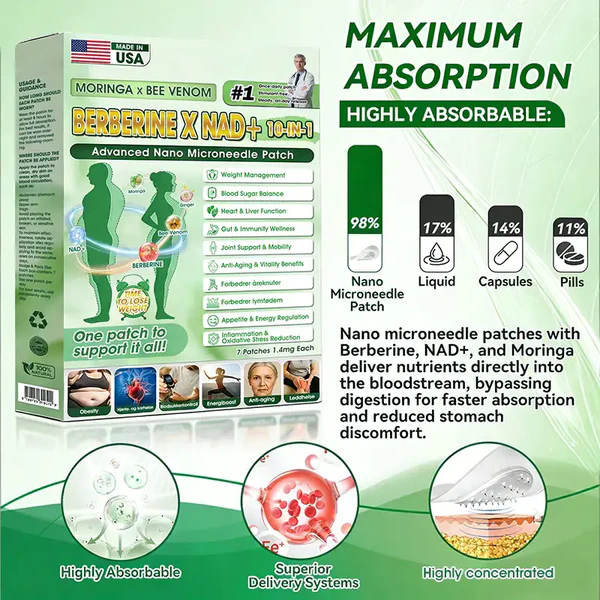 🧑‍⚕️🩺 Moringa · Berberine × NAD+ 𝟏𝟎-𝐢𝐧-𝟏 𝐀𝐝𝐯𝐚𝐧𝐜𝐞𝐝 𝐍𝐚𝐧𝐨 𝐌𝐢𝐜𝐫𝐨𝐧𝐞𝐞𝐝𝐥𝐞 𝐏𝐚𝐭𝐜𝐡 — 𝐎𝐧𝐜𝐞 𝐃𝐚𝐢𝐥𝐲, 𝐕𝐢𝐬𝐢𝐛𝐥𝐞 𝐑𝐞𝐬𝐮𝐥𝐭𝐬 𝐢𝐧 𝟕 𝐃𝐚𝐲𝐬