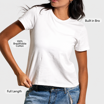 Womens Cotton Tee Boxy Crew Neck with Built in Bra