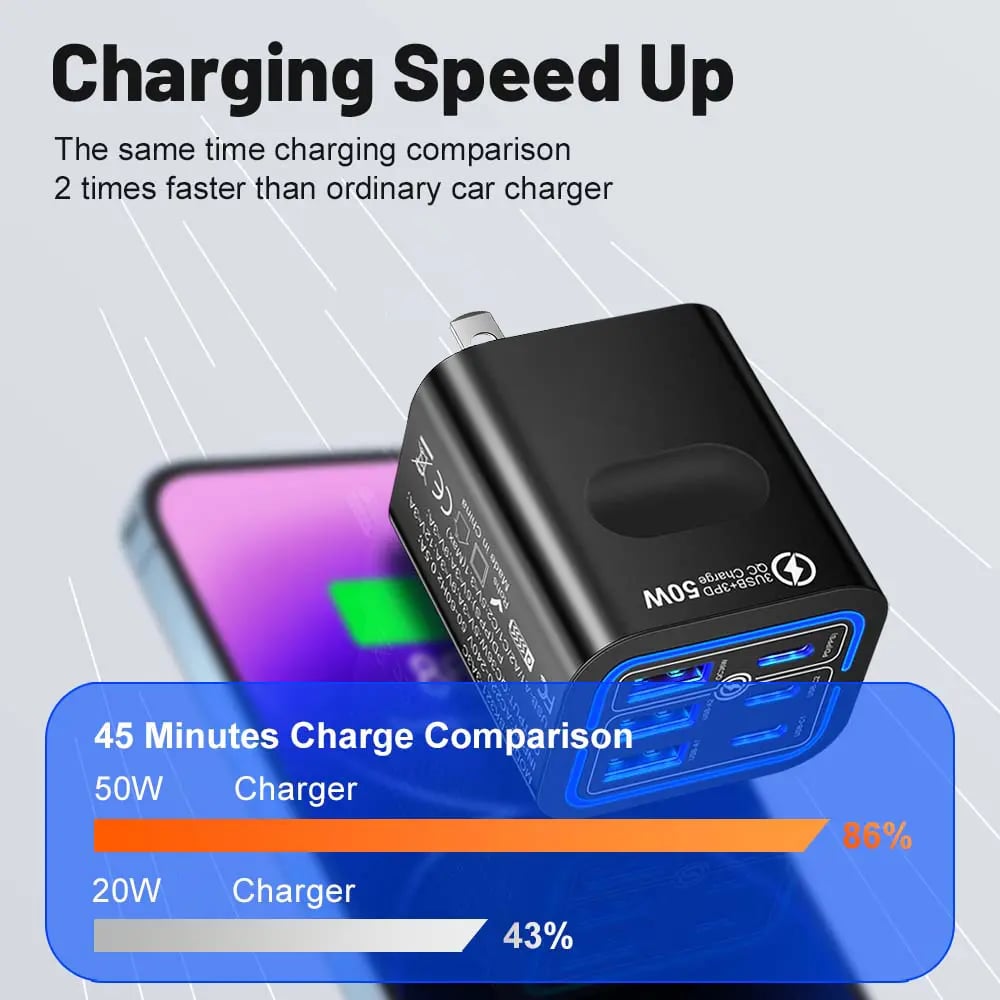 Portable Multi Port Charging Station 50W, 6-Port USB C & USB A
