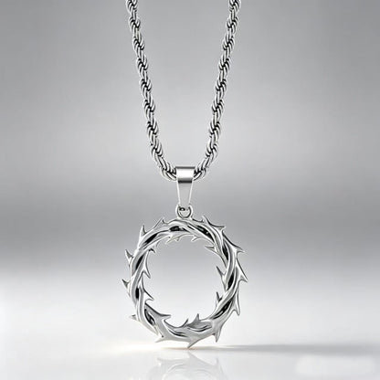 new trendy thorny circle pendant necklace, street-style stainless steel braided chain with a sophisticated look