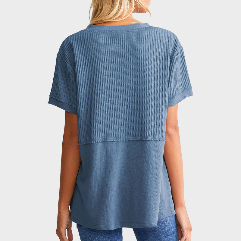 Women's Casual V Neck Waffle Knit Tops Short Sleeve T Shirts