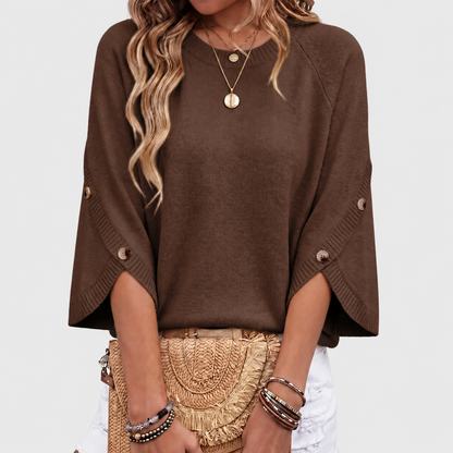 Women's 3/4 Sleeve Oversized Crewneck Knit Sweater with Button Sleeve