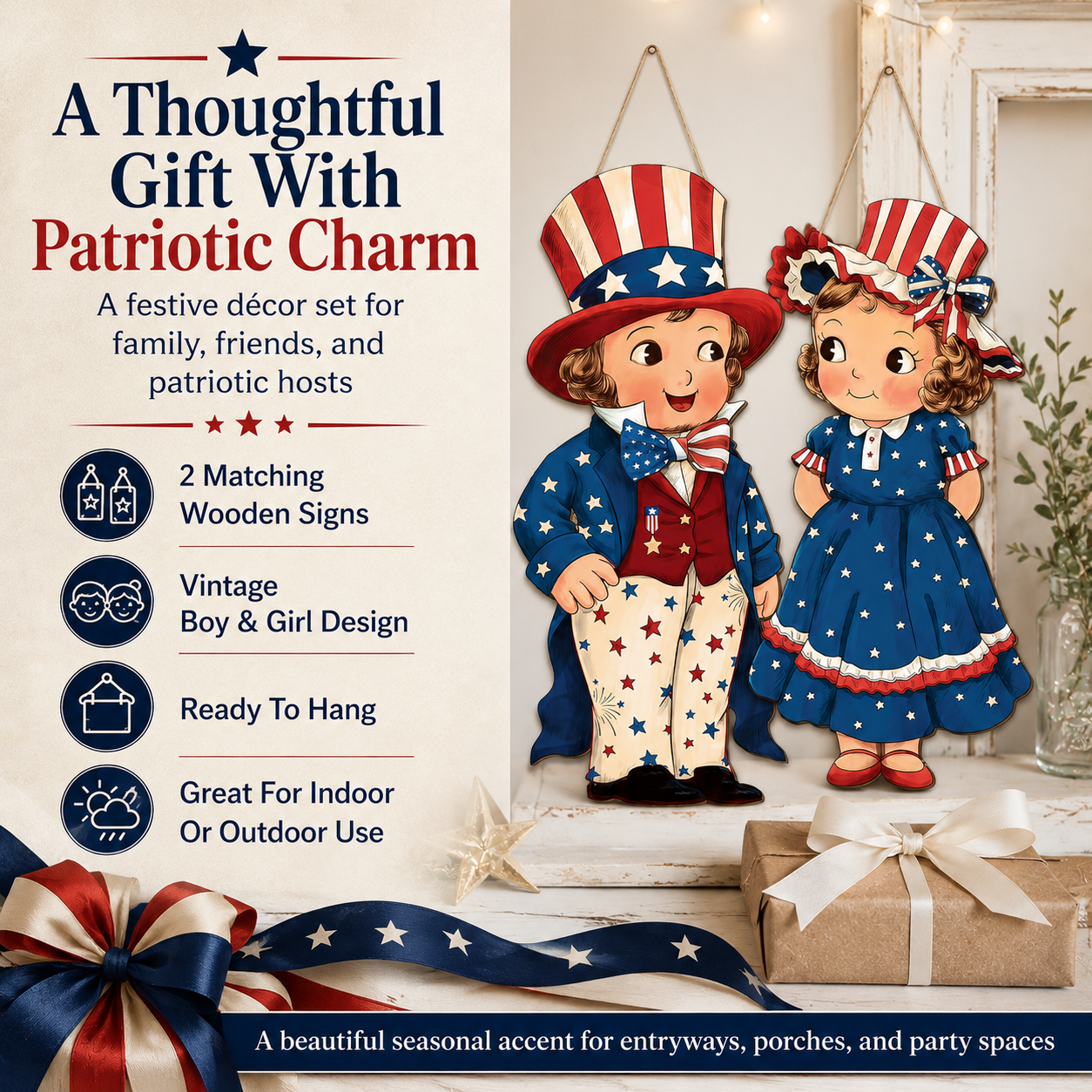 2-Piece Patriotic Wooden Hanging Door Signs