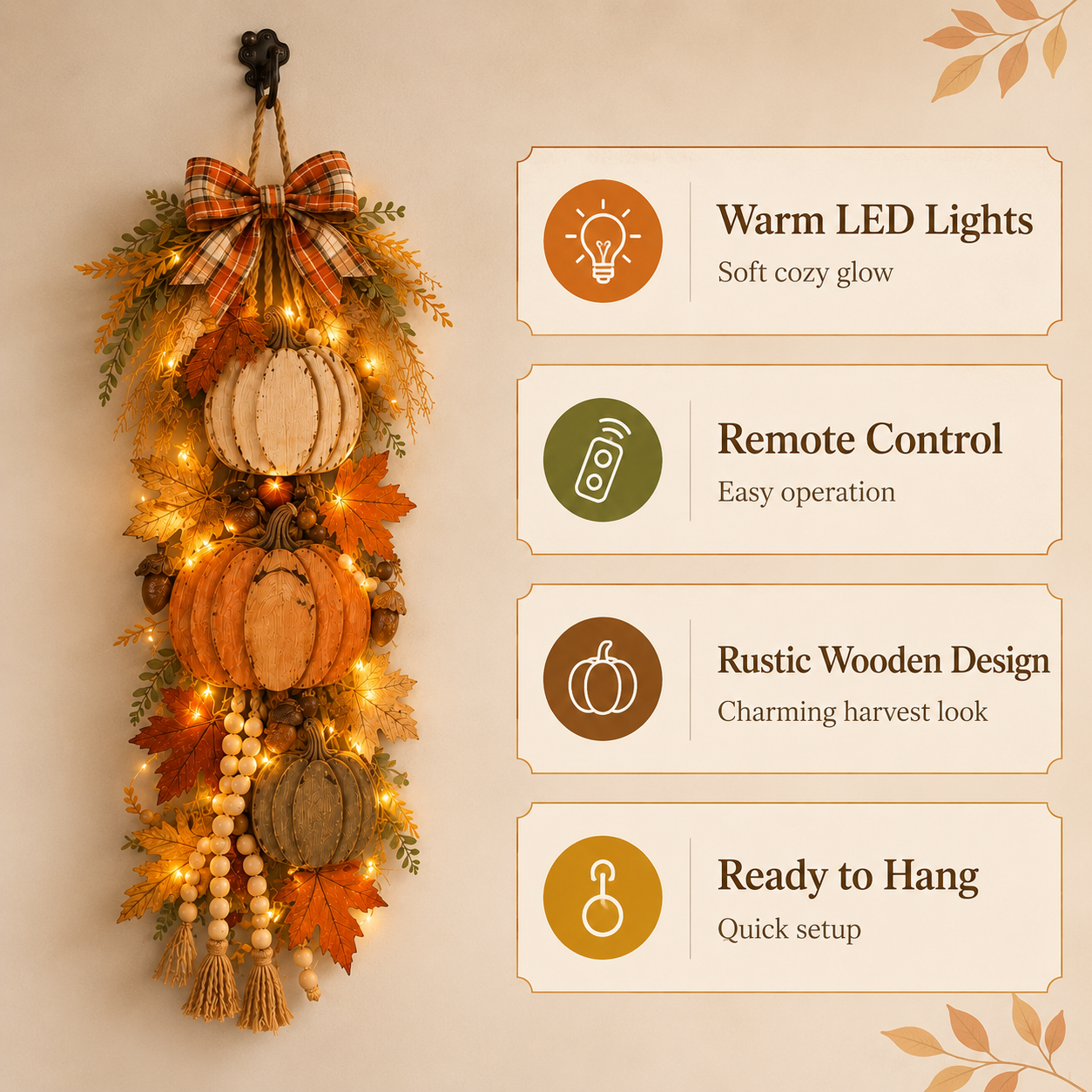 🏡🎃Rustic Wooden Pumpkin Door Hanging with Warm LED Lights