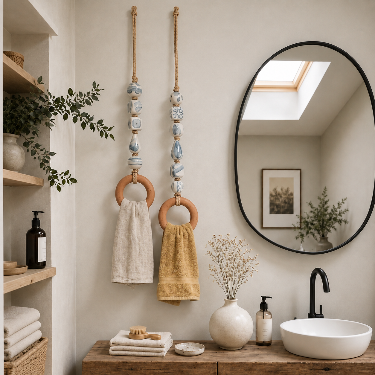 Decorative Beaded Towel Hanger with Wooden Ring