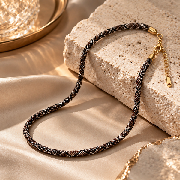 Customer showing a beaded necklace