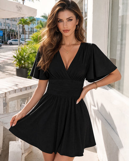 Ruched V-Neck Flutter-Sleeve Mini Dress