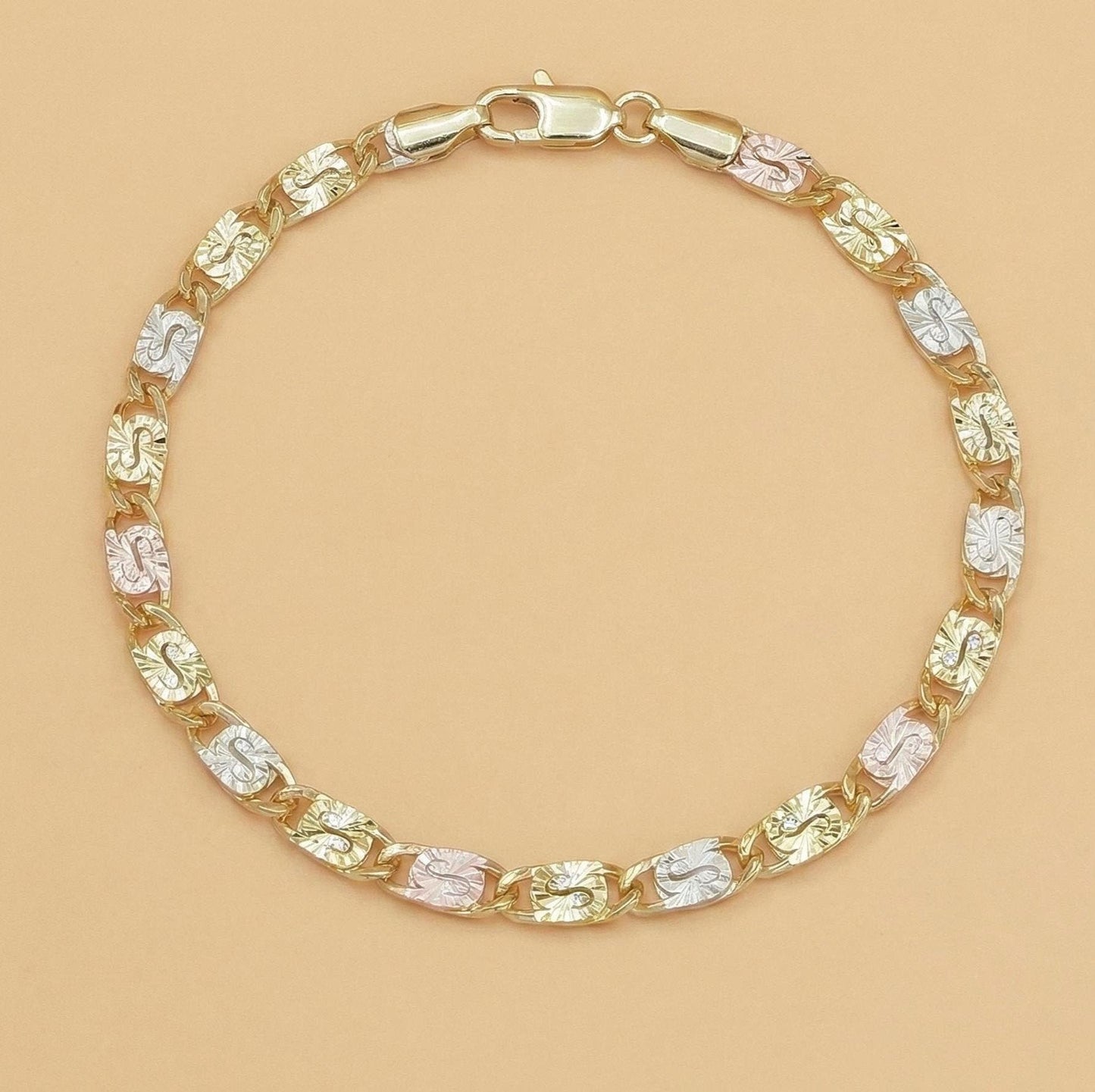 14K Gold Tri-Color Mariner Link Bracelet for Women