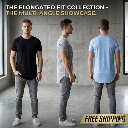 ✨Mens 3 Pack Hipster Hip Hop Longline Crewneck T-Shirt, Menswear Casual T-shirt Tops