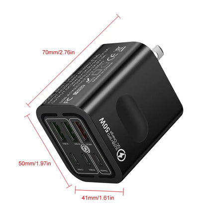 Portable Multi Port Charging Station 50W, 6-Port USB C & USB A