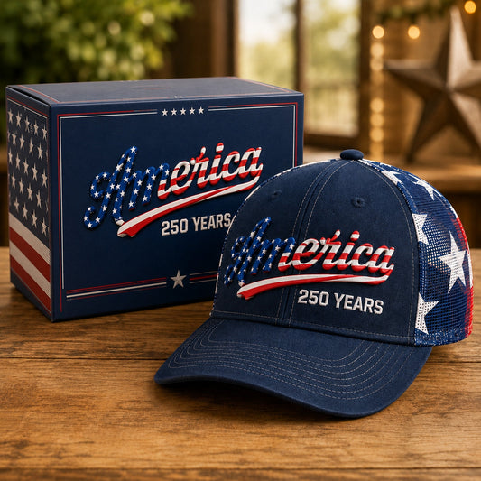 🔥 ❤️ 🇺🇸 America 250 Years Patriotic Embroidered Mesh Trucker Cap