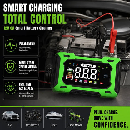 ⏳⏳Time-Limited Special⏰12V 6A Smart Car Battery Charger – Pulse Repair Technology, Auto Maintain & Desulfation