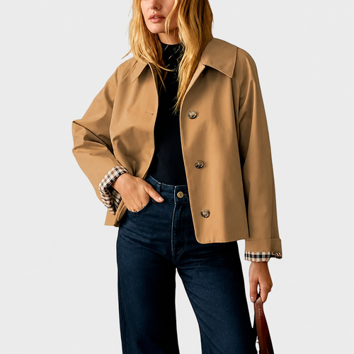 Women's Cropped Trench Coat Oversized Checkered Lining