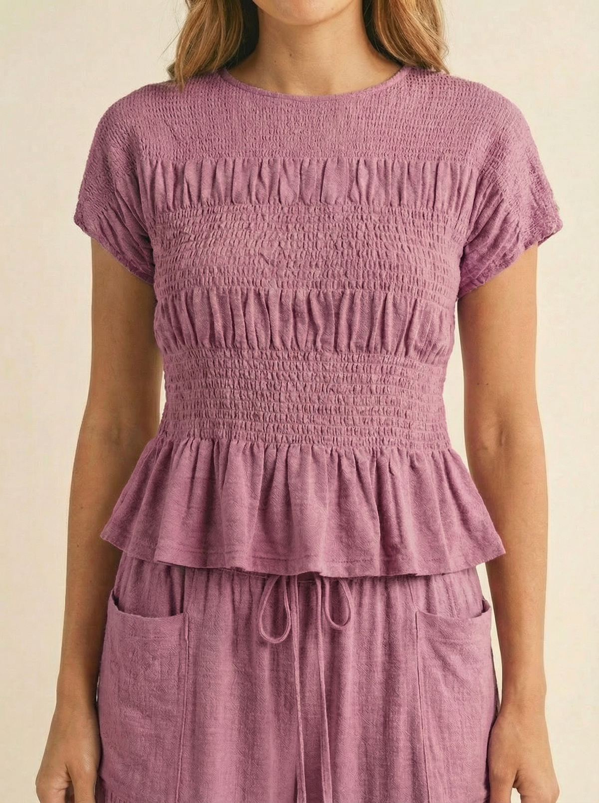 Women's 2 Piece Boho Set Smocked Top Wide Leg Pants