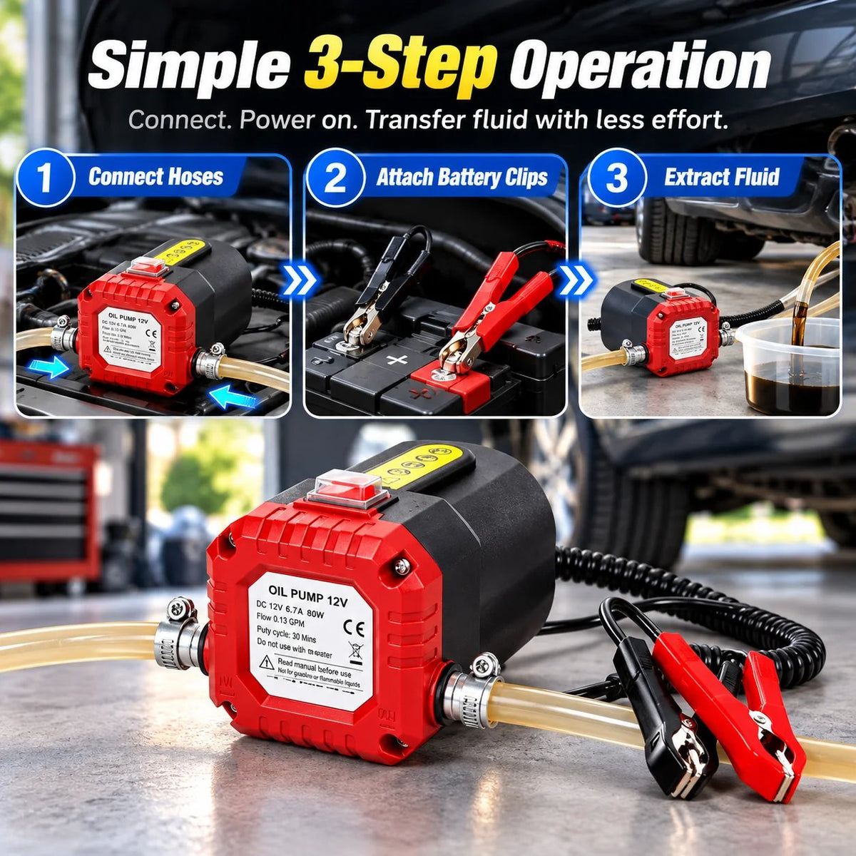 12V 80W Electric Oil Extractor Pump – Engine Oil & Gear Oil Transfer Kit with Hoses